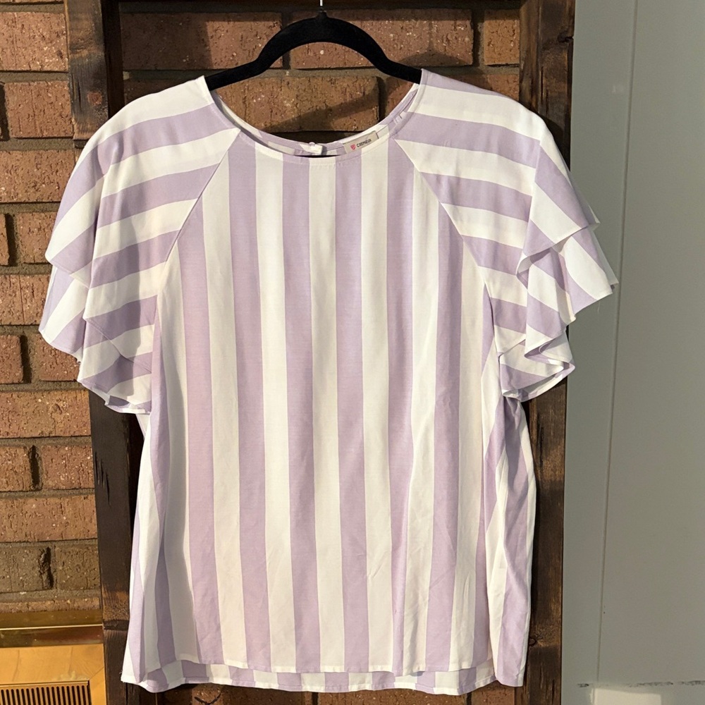 Cremieux Light Purple and White Striped Flutter Sleeve Top - Picture 3 of 9
